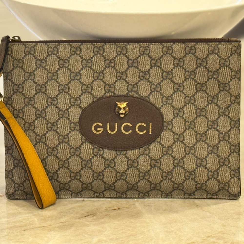 Gucci Brown GG Monogram Wristlet with Gold Logo and Yellow Strap - Picture 2 of 11